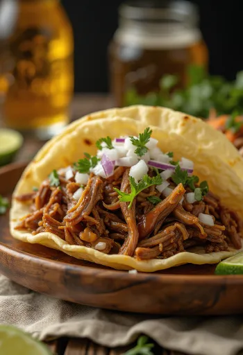 Trhané hovězí maso Barbacoa na talíři s limetkou