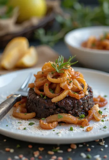 Black pudding podávaný s pečeným jablkem a karamelizovanou cibulí