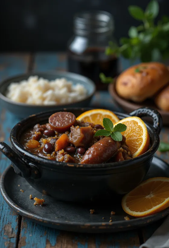 Feijoada servírovaná s rýží a plátky pomeranče