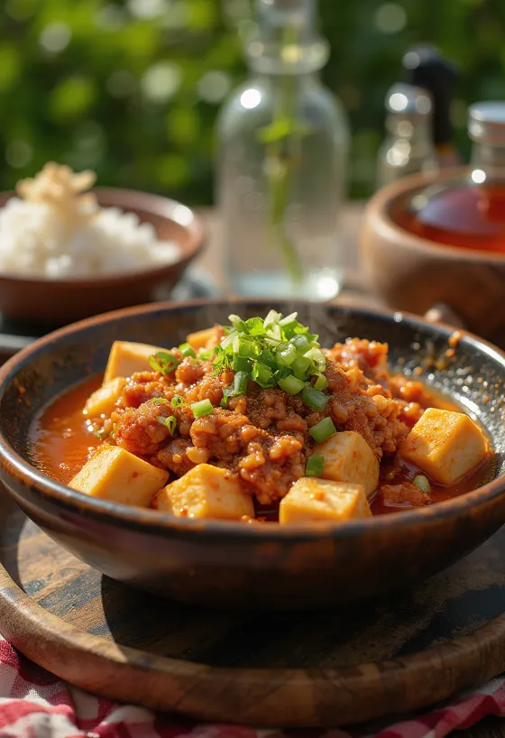 Mapo Tofu, sečuánské tofu s mletým vepřovým masem a kořeněnou omáčkou