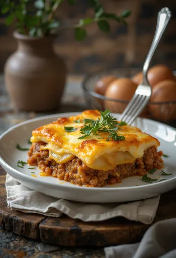 Moussaka s brambory, lilkem, mletým masem a vaječno-smetanovou omáčkou