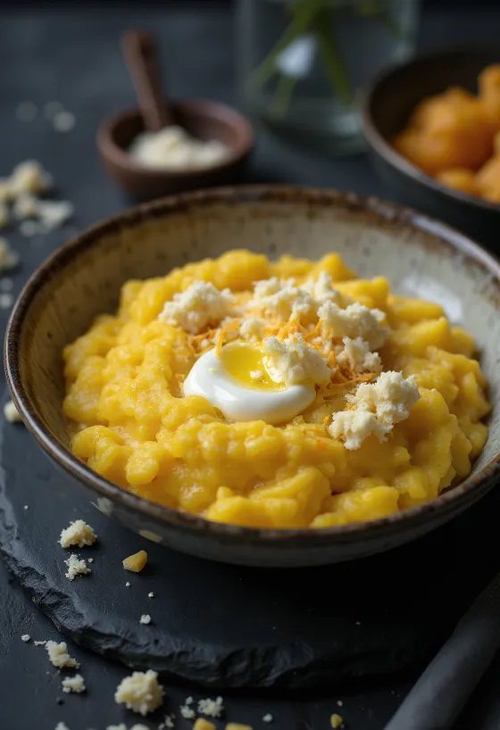 Čerstvě uvařená, krémová polenta podávaná s máslem a sýrem na dřevěném podnosu.