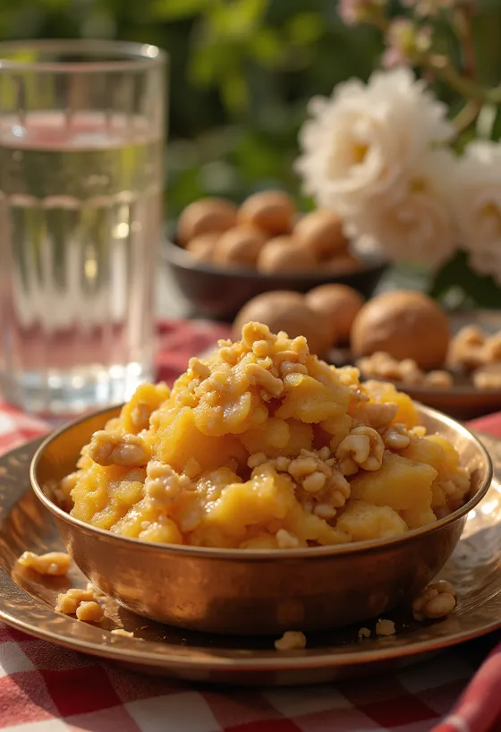 Aate ka Halwa s bohatými kořeněnými chutěmi, praženými ořechy a růžovou vodou.