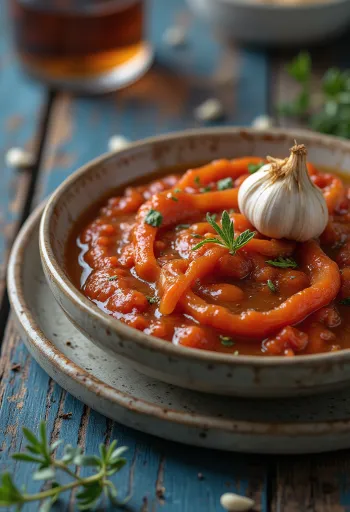Ajvar s olivovým olejem, zdobený čerstvými bylinkami