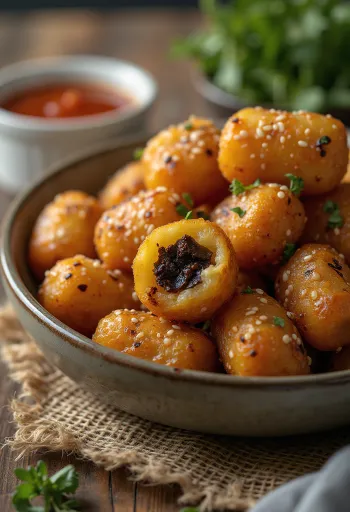 Křupavé kuličky Tater tots z jelita a brambor posypané sezamem