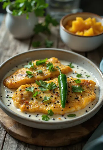 Doi Ilish s černuchou, podávané s jogurtovou omáčkou, čerstvým koriandrem.