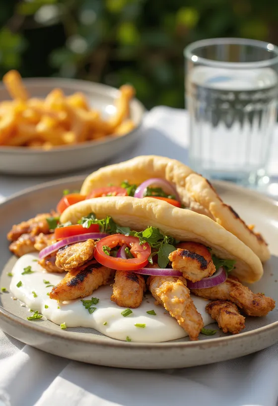 Gyros s kuřecím masem podávaný v pitě