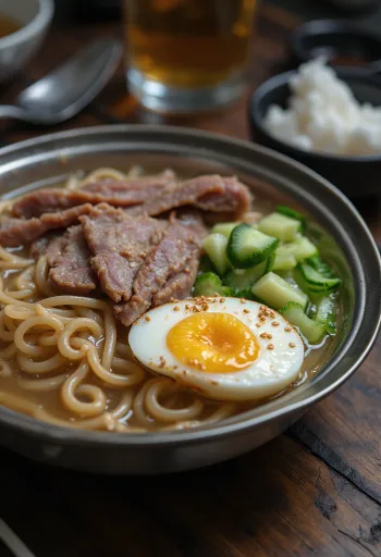 Mul naengmyeon servírované, studená polévka s nudlemi naengmyeon, hovězím masem a vejcem