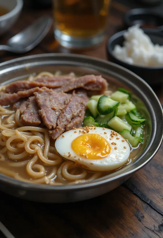 Mul naengmyeon servírované, studená polévka s nudlemi naengmyeon, hovězím masem a vejcem