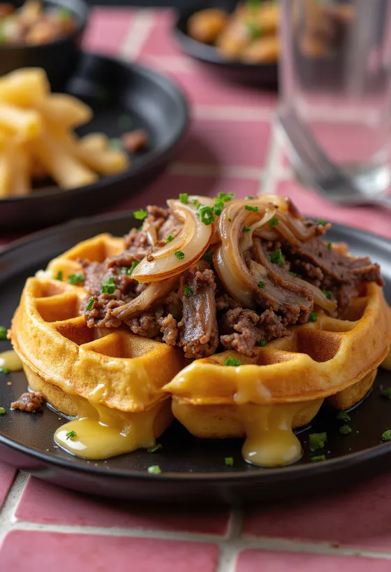 Philly cheesesteak vafle čerstvě upečené s hovězím masem, paprikou a sýrem provolone