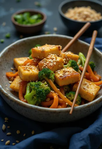 Miska s pečeným tofu a zeleninou podávaná na stůl