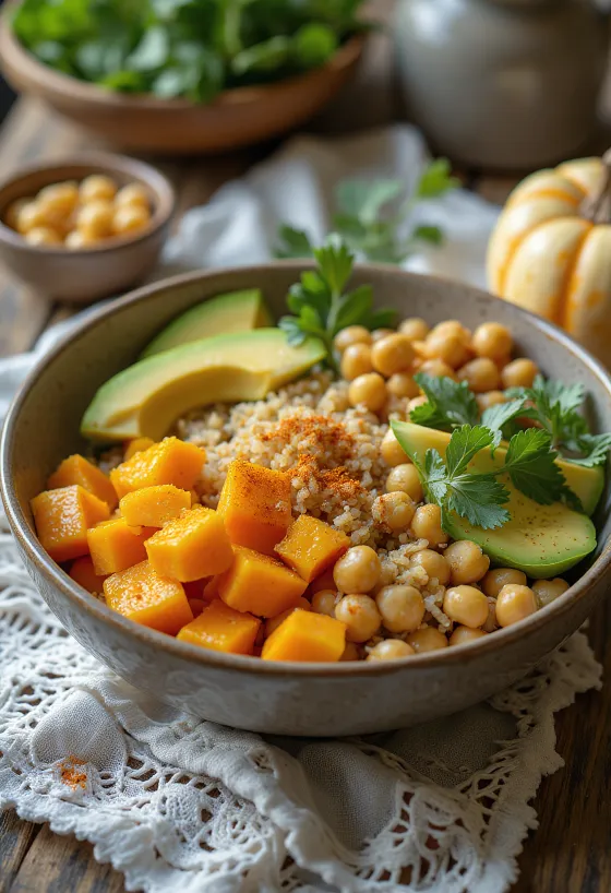 Dýňová Buddha bowl s čerstvou zeleninou a quinoou