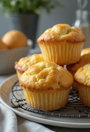 Měkké tvarohové muffiny upečené dozlatova, posypané vanilkou a moučkovým cukrem