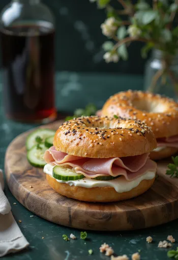 Bagel se šunkou, smetanovým sýrem a zdobený okurkou