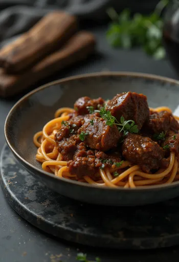 Tmavé ragú z hovězích líček na talíři s těstovinami
