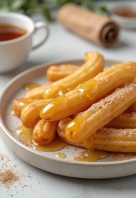 Smažené churros zalité zlatavým medem