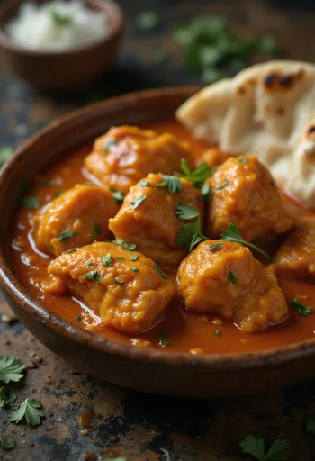 Kuřecí tikka masala v krémové rajčatové omáčce, zdobené čerstvým koriandrem