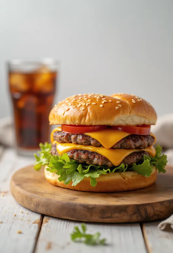 Hamburger s dvojitým masem podávaný na talíři