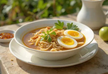 Soto Banjar kuřecí polévka s vařeným vejcem, plátky limetky a koriandrem