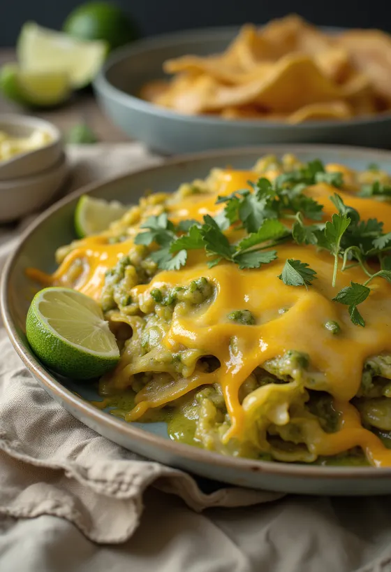 Chilaquiles suizos – křupavé kousky tortilly v omáčce ze zeleného chilli, podávané s čerstvým sýrem a zakysanou smetanou