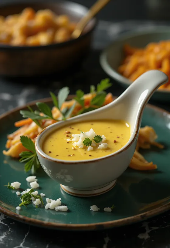 Smetanová cibulová omáčka s kari servírovaná