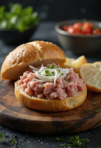 Mettbrötchen, syrové vepřové maso na housce s cibulí