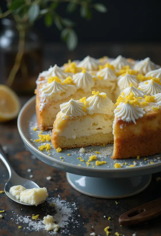 Klasický tvarohový dort posypaný moučkovým cukrem