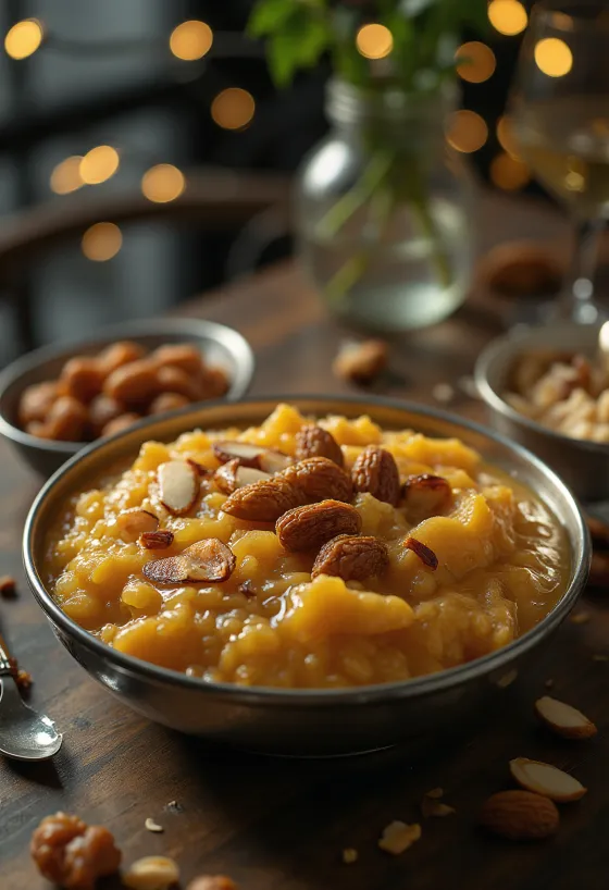 Bajra Halwa zlatohnědé barvy, servírovaná na zdobeném talíři