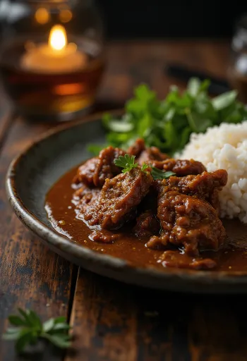 Tmavé kořeněné maso Beef Rendang s rýží