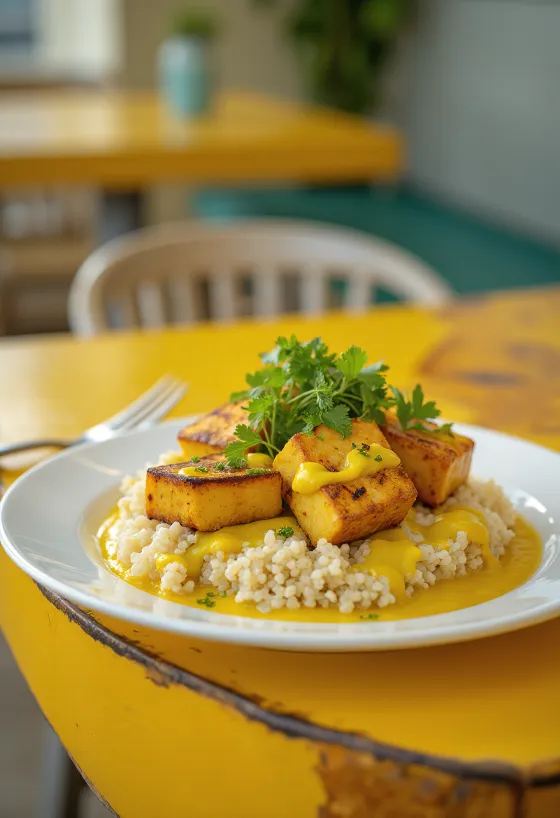 Grilované tofu s quinoa kari a tahini servírované