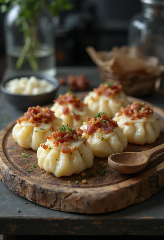 Halušky s bryndzou podávané se zakysanou smetanou a osmaženou slaninou.