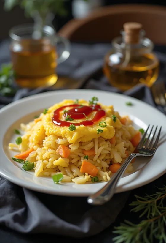 Omurice miska se zelím, podávaná s vejcem a čerstvou zeleninou