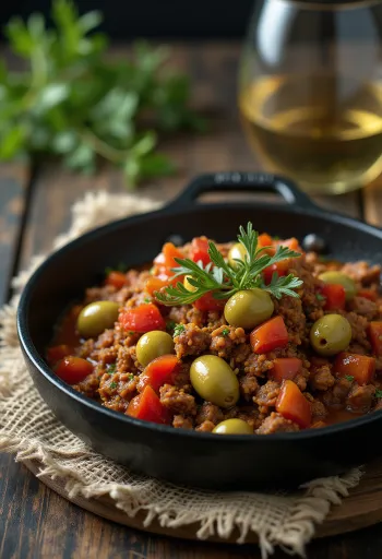 Picadillo s olivami, v míse kořeněné mleté maso a zelenina
