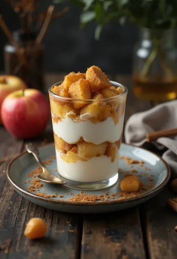 Jogurt s pečeným jablkem ve sklenici, vrstvený, se světlým krémovým jogurtem a skořicovými pečenými jablky