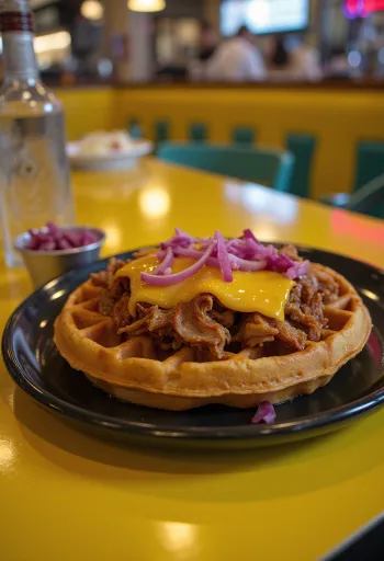 Pulled pork vafle s BBQ omáčkou a červenou cibulí
