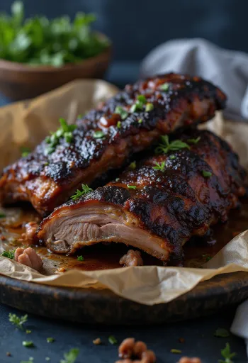 Uzená bizoní žebra na rustikálním podnose s barbecue omáčkou