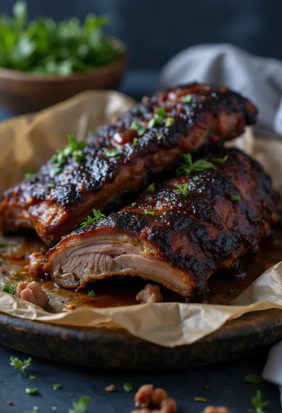 Uzená bizoní žebra na rustikálním podnose s barbecue omáčkou