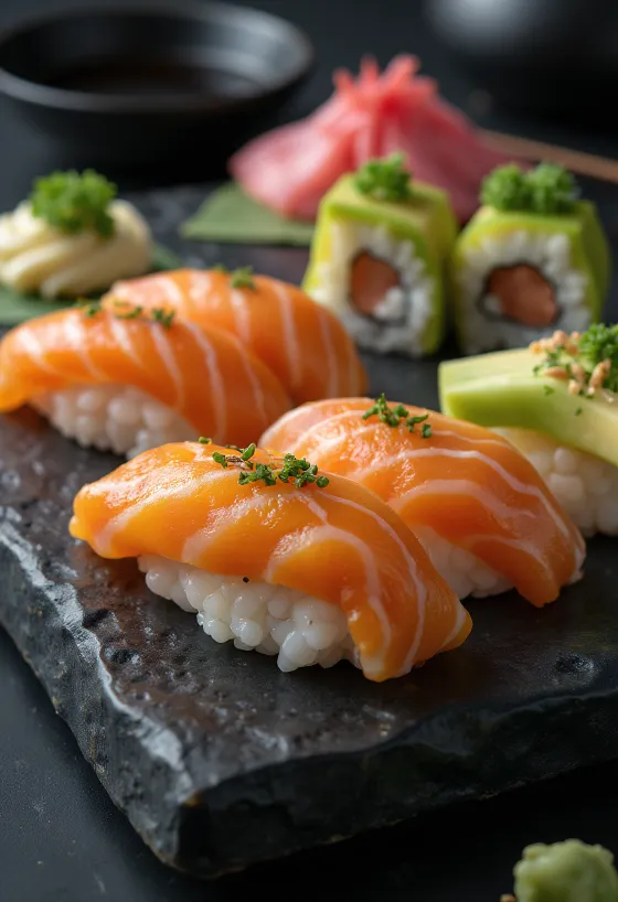 Sushi servírované se sójovou omáčkou a zázvorem