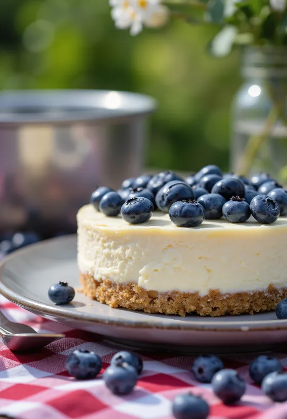 Borůvkový cheesecake servírovaný na talíři