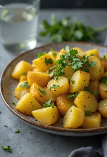 Aloo Tindora Sabzi v misce, ozdobené čerstvým koriandrem