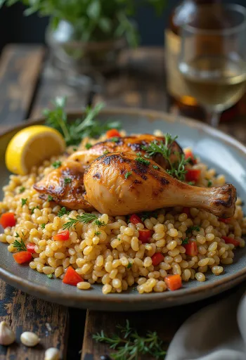Farro s pečeným kuřetem, podávané s citronovou zálivkou