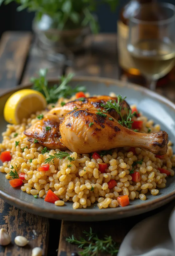 Farro s pečeným kuřetem, podávané s citronovou zálivkou