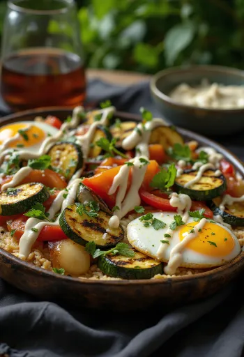 Grilovaná zelenina s tahini zálivkou, zdobená petrželkou