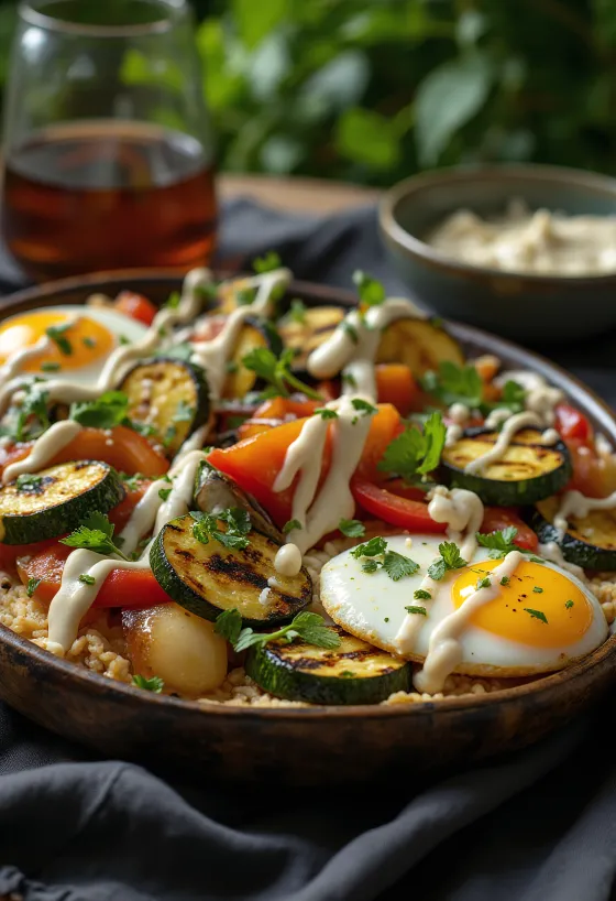 Grilovaná zelenina s tahini zálivkou, zdobená petrželkou