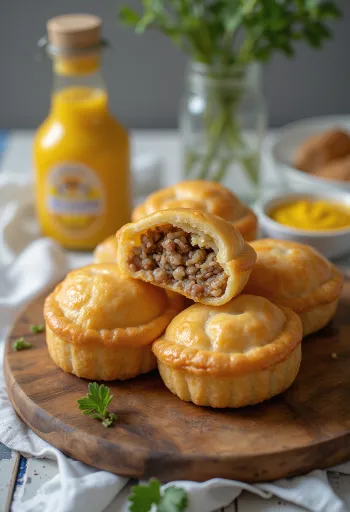 Lihapiirakka s vařenou rýží, ve zlatohnědém těstě, podávaná