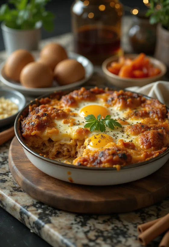Moussaka kořeněná, s masovými a tvarohovými vrstvami na servírovacím podnose