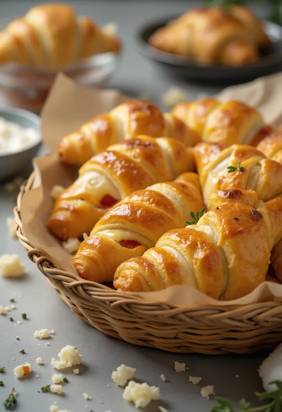 Čerstvě upečené pizzové rohlíčky s rozpuštěným sýrem a rajčatovou náplní, servírované na podnosu.