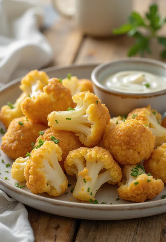 Smažený květák upečený dozlatova, podávaný v křupavém obalu