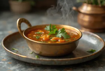 Rasam s dlouhým pepřem, bohatý kořeněný vývar podávaný s čerstvým koriandrem