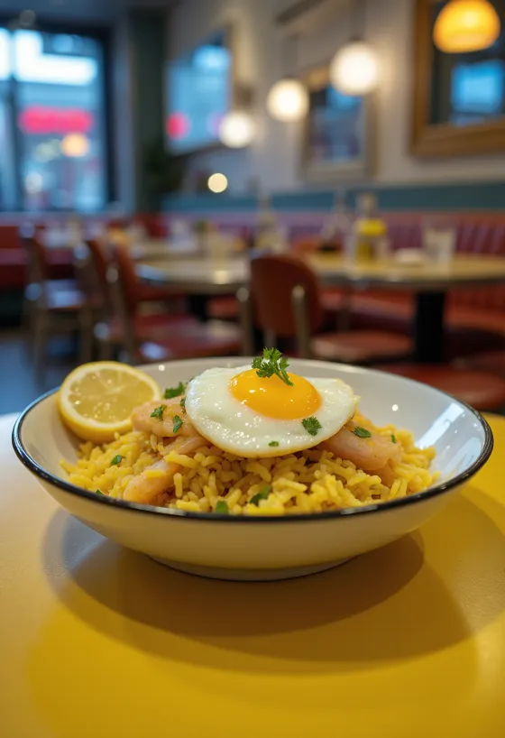 Kedgeree s uzenou treskou v misce s vejci a petrželkou